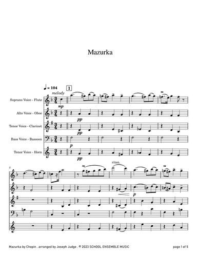 Mazurka by Chopin for Woodwind Quartet in Schools (arr. Joseph Judge)