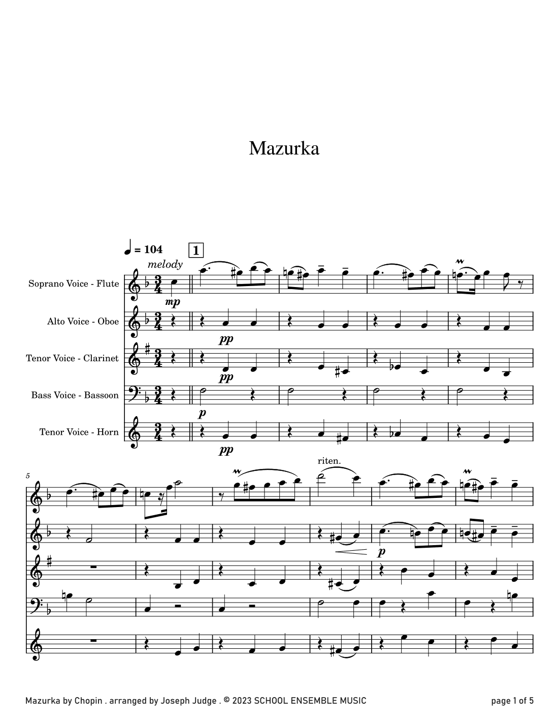 Mazurka by Chopin for Woodwind Quartet in Schools (arr. Joseph Judge)