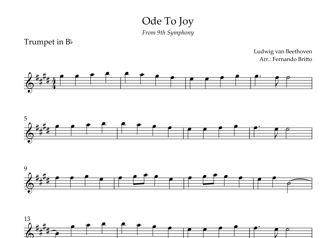 Ode To Joy Theme (from Beethoven's 9th Symphony) for Trumpet in Bb Solo (arr. Fernando Britto)