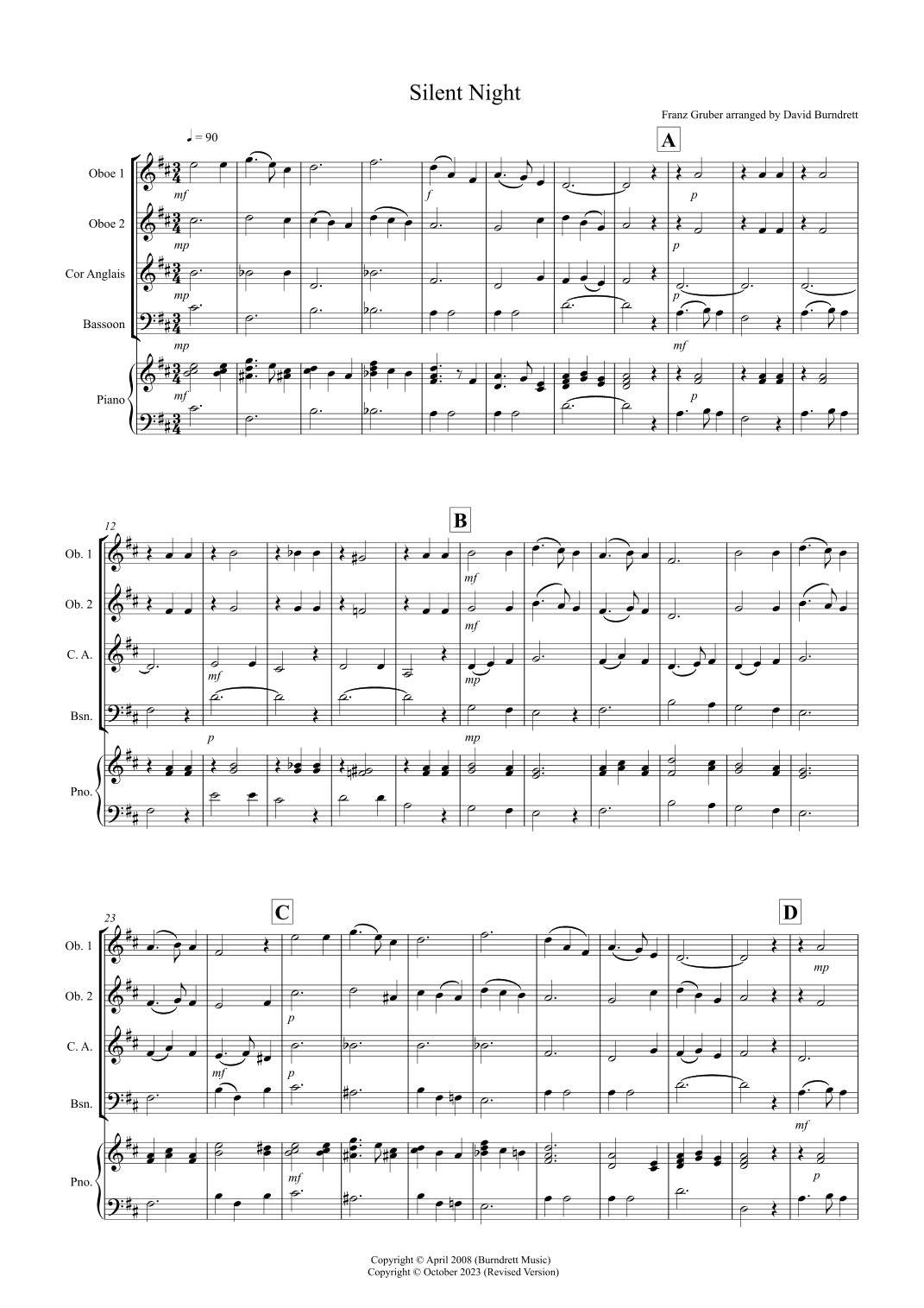 Silent Night for Double Reed Quartet (arr. David Burndrett)