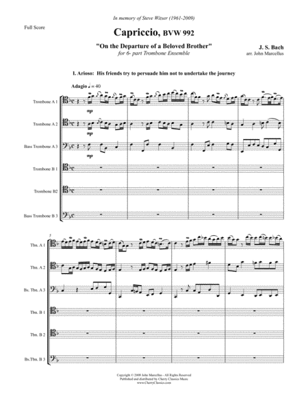 Capriccio BWV 992 "On the Departure of a Beloved Brother" for 6-part Trombone ensemble (arr. John Marcellus)