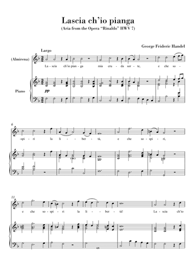 Lascia ch'io pianga (for Voice and Piano) Original Key F major (arr. Ahiva Editions)