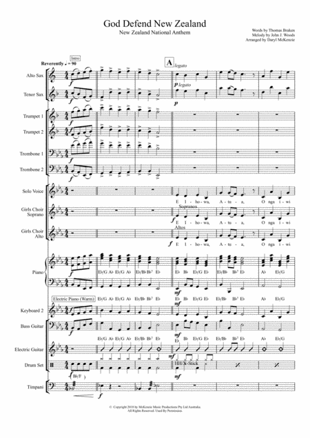 God Defend New Zealand (New Zealand National Anthem) vocal with studio band Key Eb to F (arr. Daryl McKenzie)