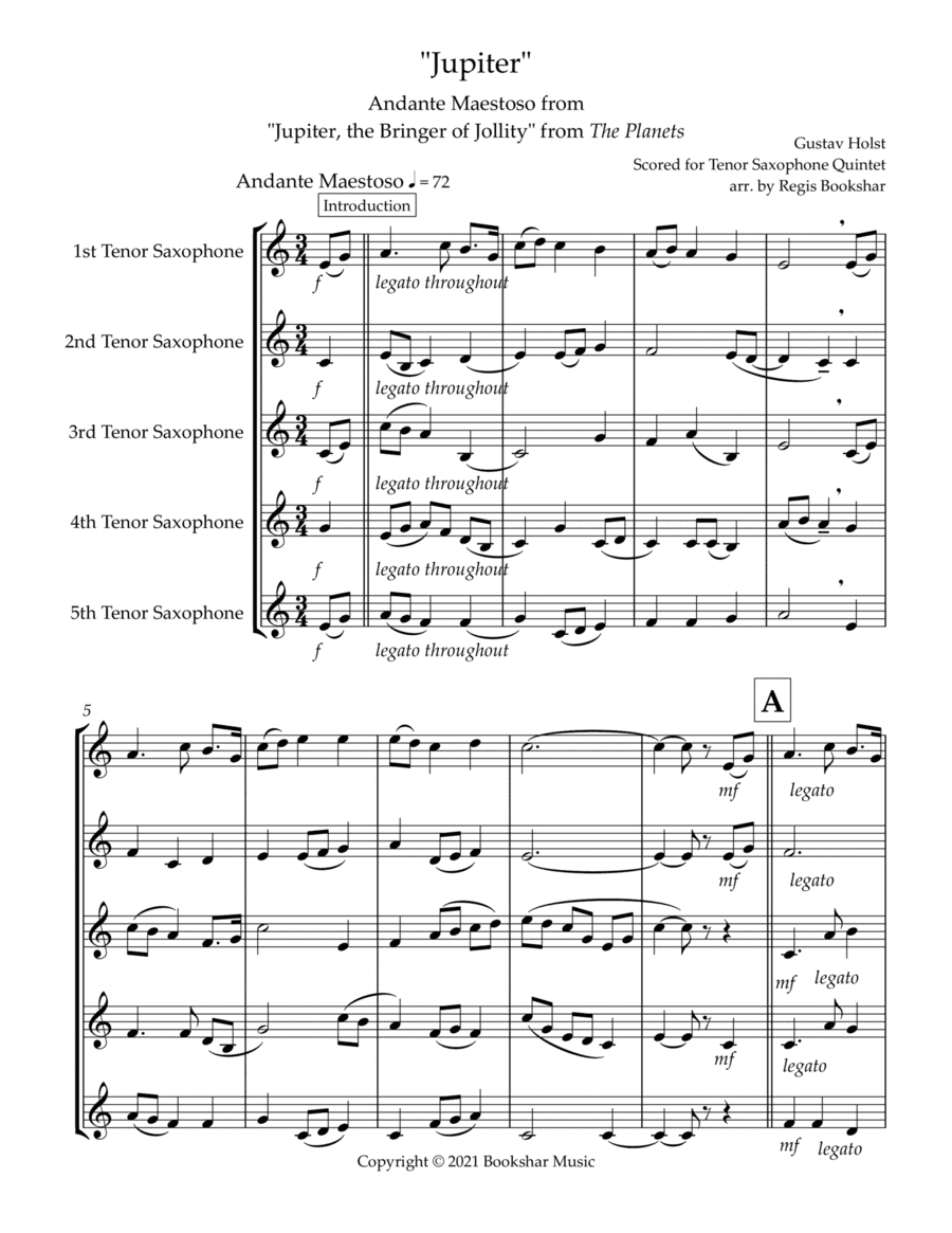 Jupiter (Andante Maestoso from "Jupiter, the Bringer of Jollity" from The Planets) (Bb) (Tenor Saxop (arr. Regis Bookshar)