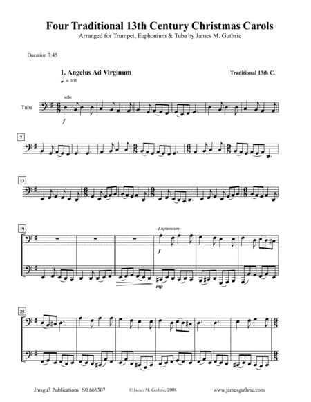Four Traditional 13th Century Christmas Carols for Trumpet, Euphonium & Tuba (arr. James M. Guthrie, ASCAP)