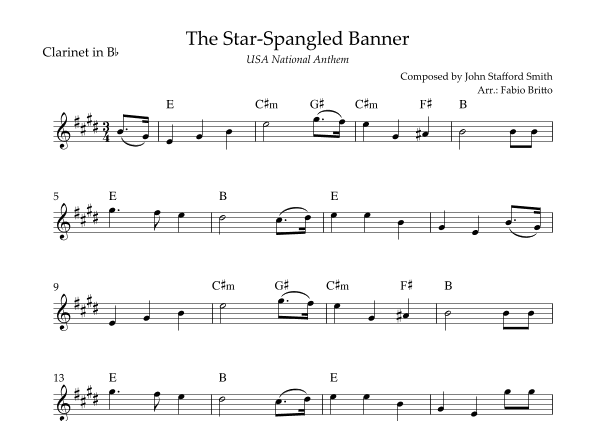 The Star Spangled Banner (USA National Anthem) for Clarinet in Bb Solo with Chords (D Major) (arr. Fabio Britto)