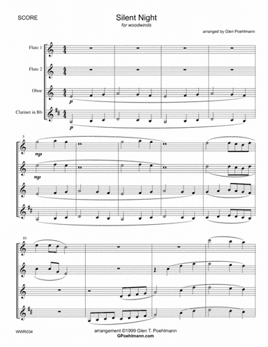SILENT NIGHT - unaccompanied WOODWIND QUARTET (2 Flutes, Oboe & Clarinet) (arr. Glen Poehlmann)