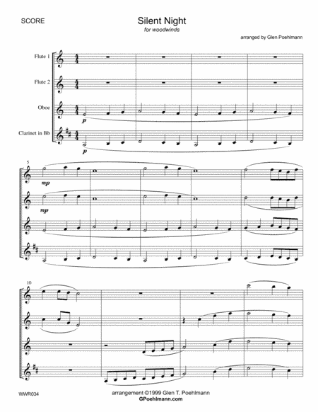 SILENT NIGHT - unaccompanied WOODWIND QUARTET (2 Flutes, Oboe & Clarinet) (arr. Glen Poehlmann)