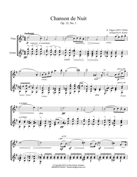 Chanson de Nuit Op. 15 for flute and guitar (arr. K. Krantz)