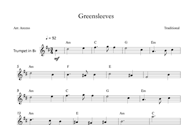 Greensleeves - Lead Sheet for Trumpet melody and Chords (arr. Arezzo Music)