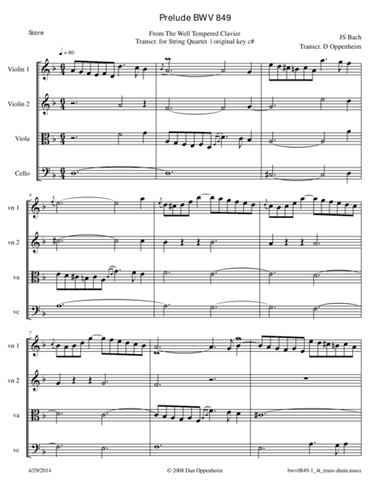 Bach: Prelude BWV 849 transcribed for String Quartet (arr. D Oppenheim)