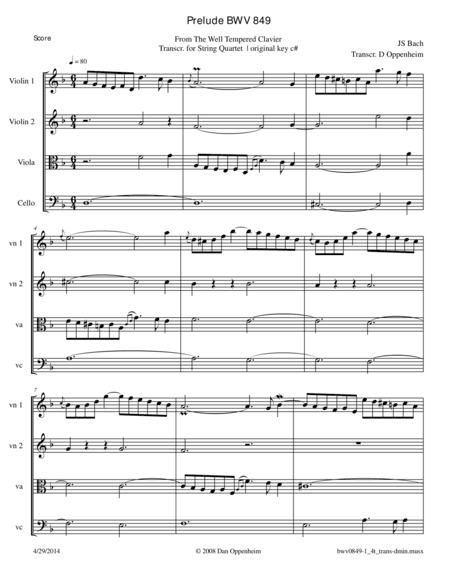 Bach: Prelude BWV 849 transcribed for String Quartet (arr. D Oppenheim)