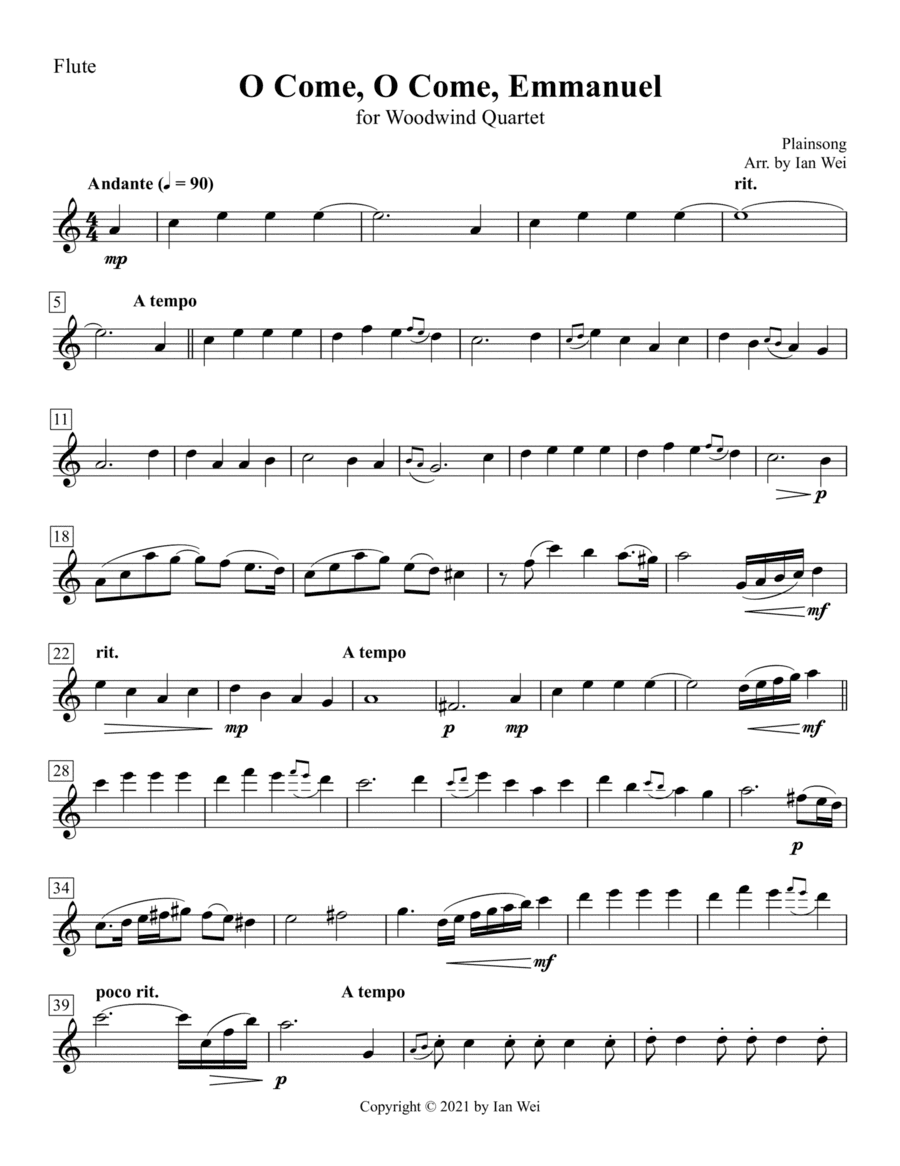 O Come, O Come, Emmanuel for Woodwind Quartet (arr. Ian Wei)
