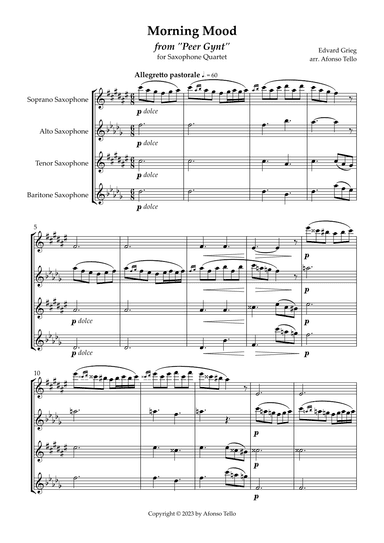 Morning Mood from "Peer Gynt" - Saxophone Quartet (arr. Afonso Tello)