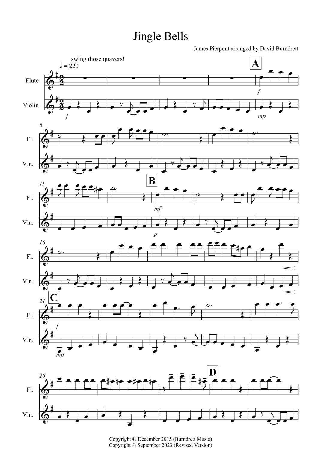 Jingle Bells (Jazzy Style!) for Flute and Violin Duet (arr. David Burndrett)