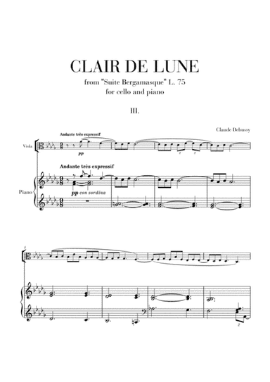 Clair de Lune for Viola and Piano (from Suite Bergamasque) (arr. Cadenza Editions)