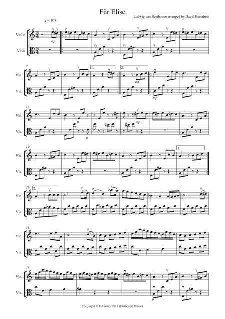 Für Elise for Violin and Viola Duet (arr. David Burndrett)