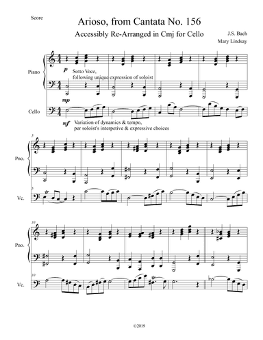 Arioso from Cantata No. 156 Piano Score for Solo Cello in C (arr. Mary Lindsay, AccessibleCello.com)