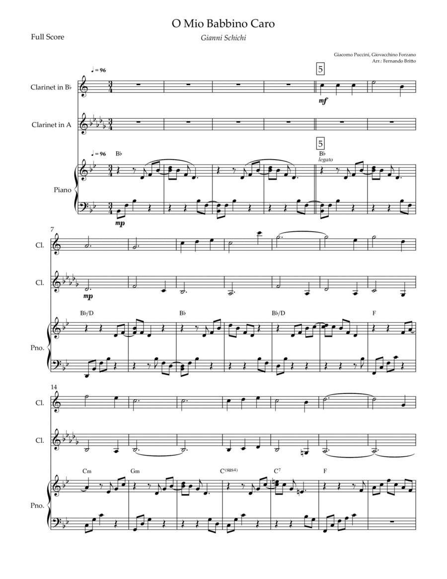 O Mio Babbino Caro (Puccini) for Clarinet in Bb & Clarinet in A Duo and Piano Accompaniment with Cho (arr. Fernando Britto)