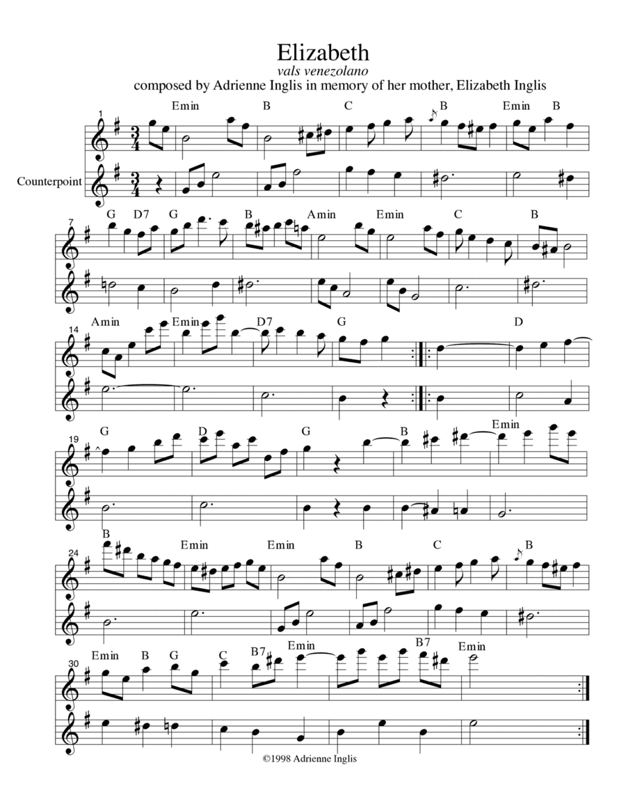 Elizabeth - flute duet or flute/pedal or lever harp/guitar Venezuelan waltz lead-sheet