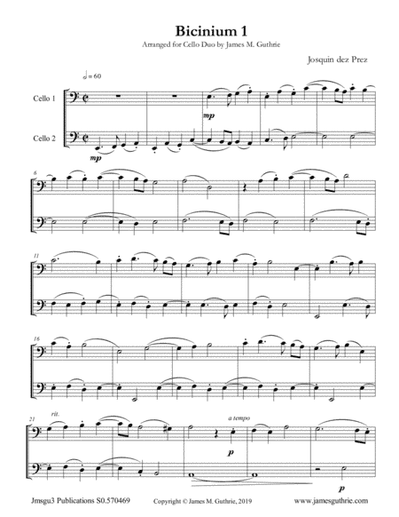 Josquin: Bicinium 1 for Cello Duo (arr. James M. Guthrie)