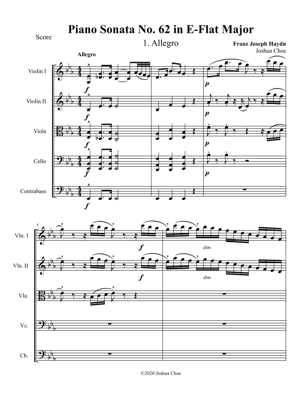 Piano Sonata in E-flat major, Hob.XVI:52, Movement 1 (arr. Joshua Choe)