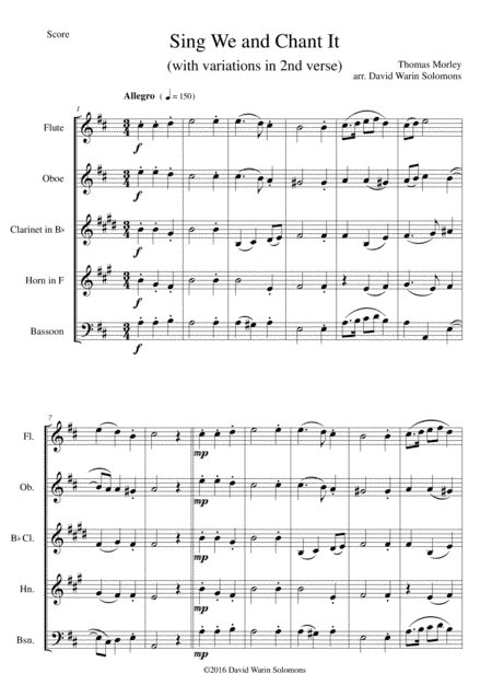 Sing we and chant it (with variations) for wind quintet (arr. David Warin Solomons)