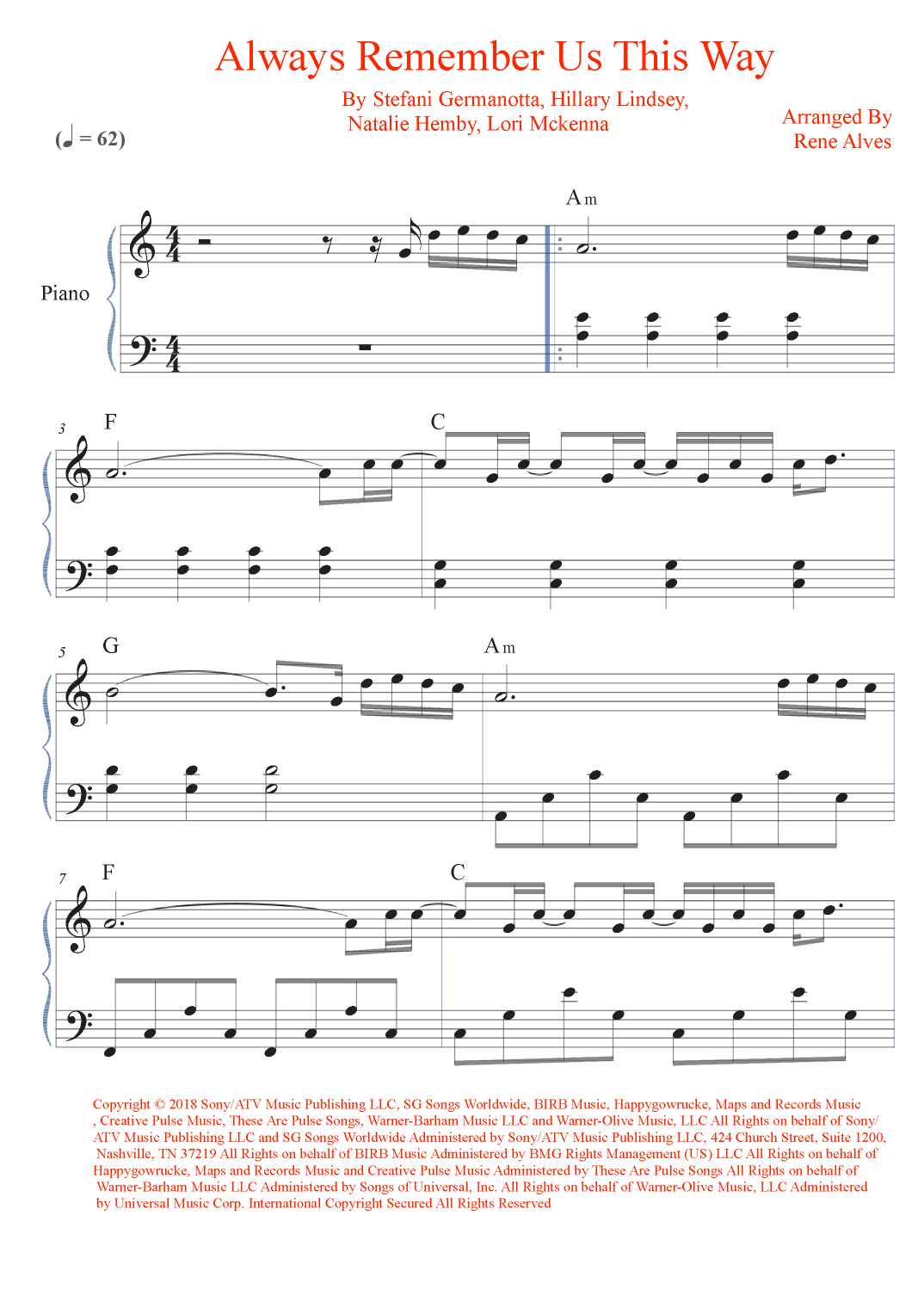 Always Remember Us This Way (arr. Rene Alves)