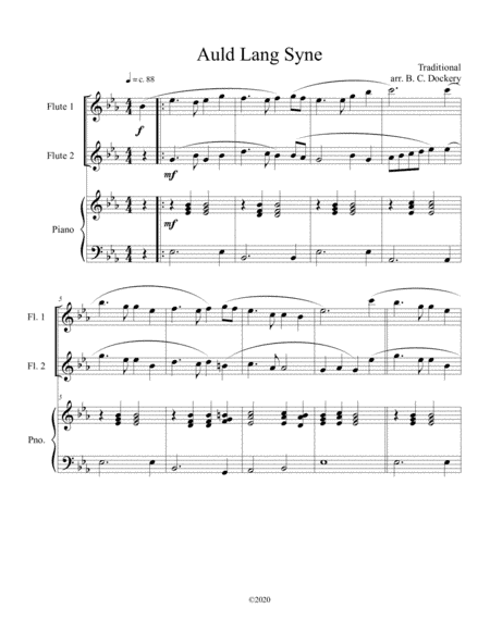 Auld Lang Syne (flute duet) with optional piano accompaniment (arr. B. C. Dockery)