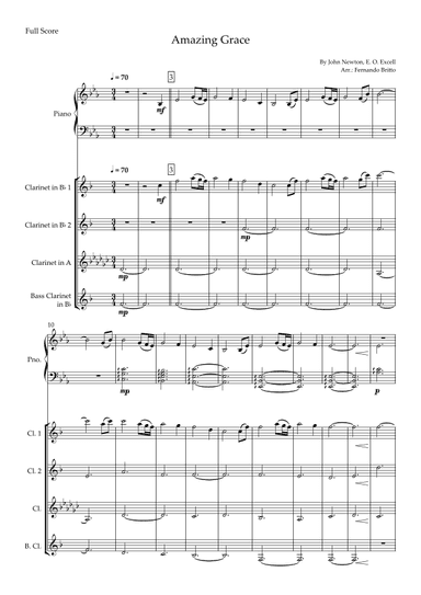 Amazing Grace (John Newton, E. O. Excell) for Clarinet Quartet and Piano Accompaniment with Chords (arr. Fernando Britto)