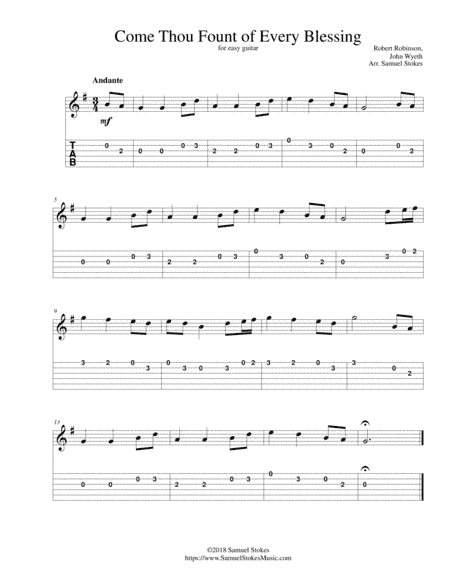 Come Thou Fount of Every Blessing - for easy guitar with TAB (arr. Samuel Stokes)