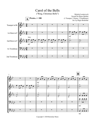Carol of the Bells (F min) (Brass Quintet - 1 Trp, 2 Hrn, 2 Trb) (arr. Regis Bookshar)