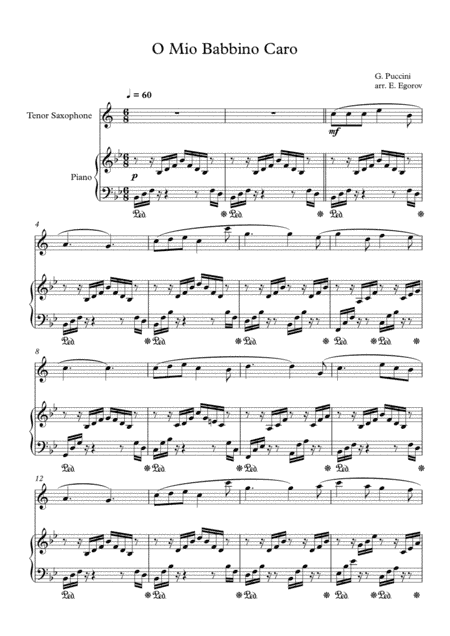 O Mio Babbino Caro, Giacomo Puccini, For Tenor Saxophone & Piano (arr. Eugene Egorov)
