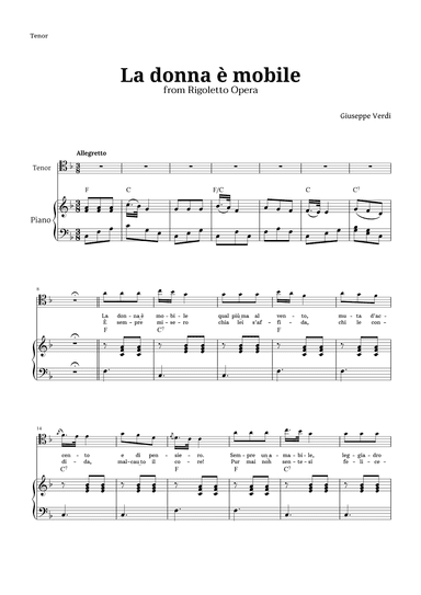 La donna è mobile in F major for Tenor and Piano (arr. Langanho)
