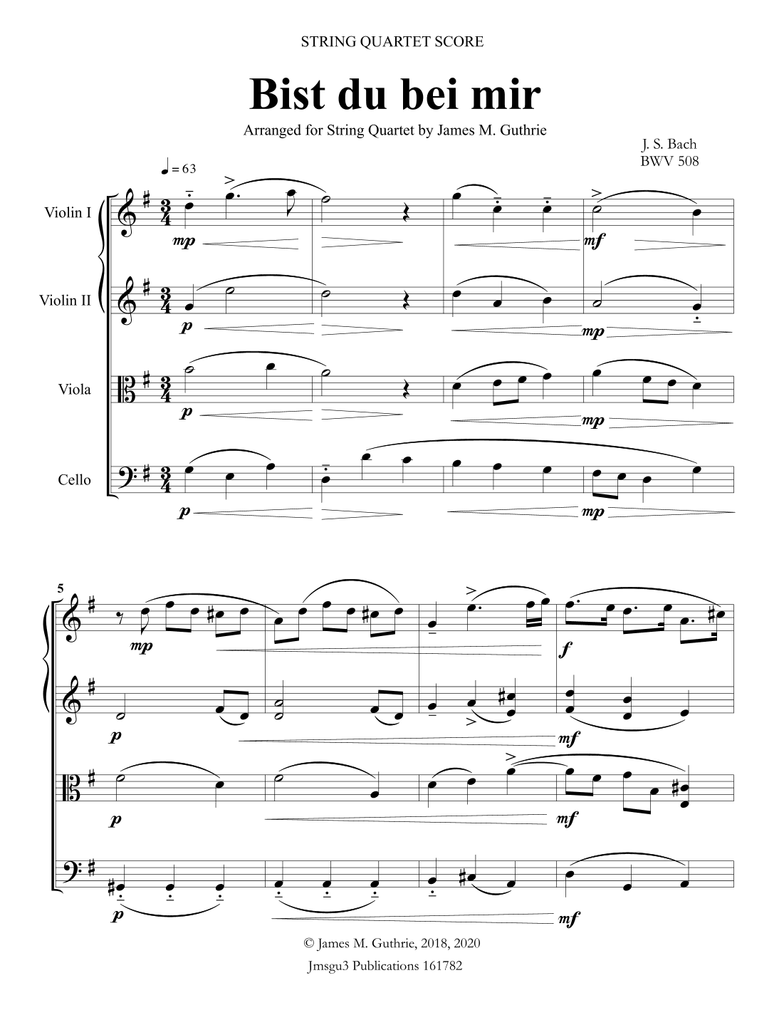 BACH: Bist du bei mir BWV 508 for String Quartet (arr. James M. Guthrie)