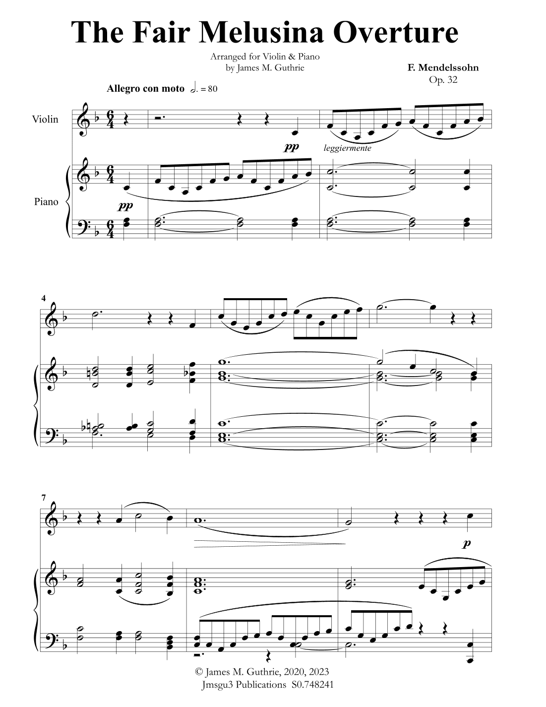 Mendelssohn: The Fair Melusina Overture, Op. 32 for Violin & Piano (arr. James Guthrie, ASCAP)