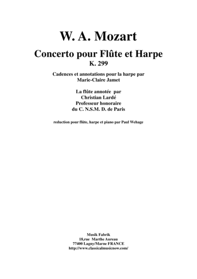 Wolfgang Amadeus Mozart: Concerto for flute and harp, K. 299, piano reduction and solo parts (arr. Paul Wehage)