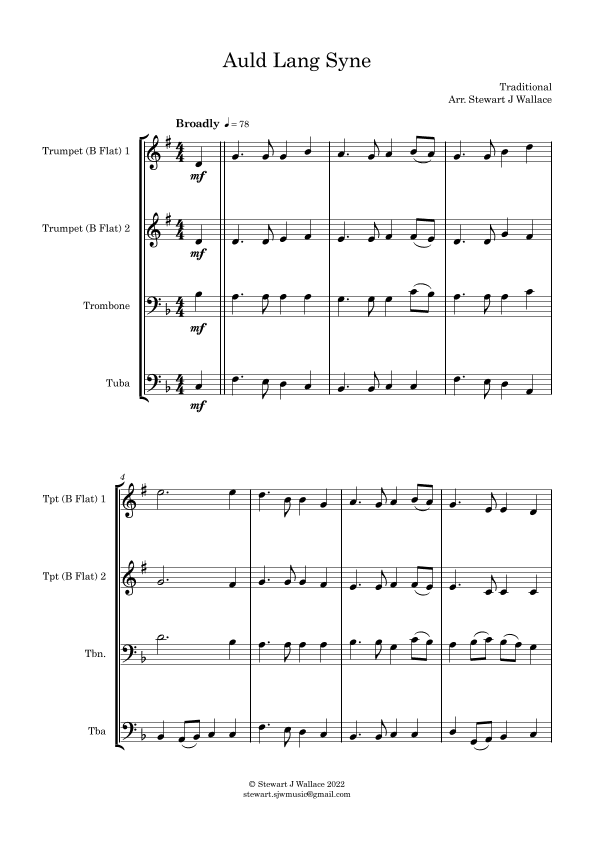 Auld Lang Syne - Brass Quartet Score and Parts (arr. Stewart J Wallace)
