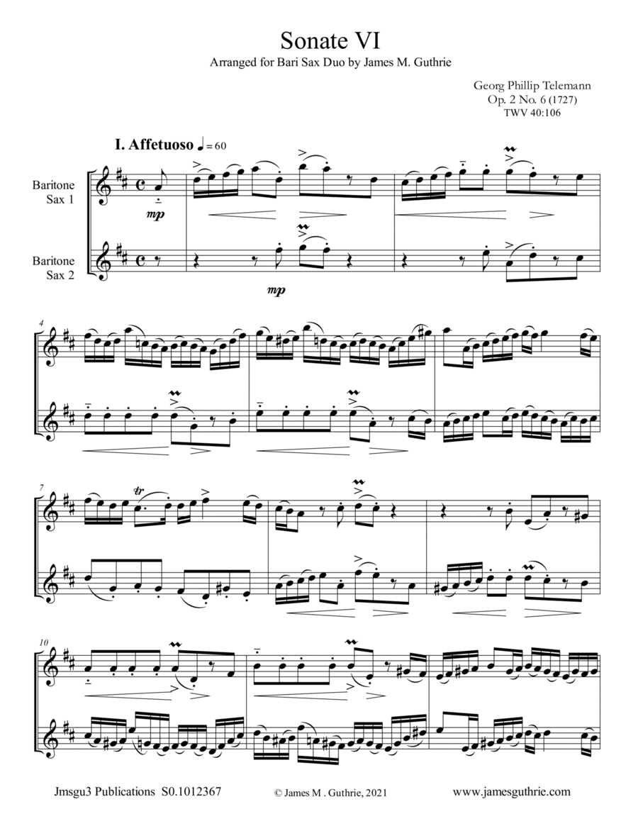 Telemann: Sonata Op. 2 No. 6 for Baritone Sax Duo (arr. James M. Guthrie)