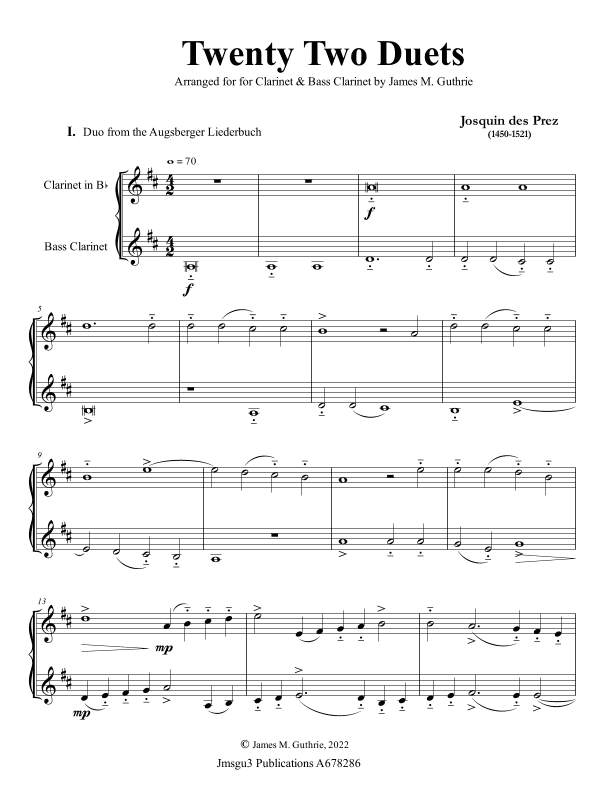Josquin: 22 Duets for Clarinet & Bass Clarinet (arr. James M. Guthrie)