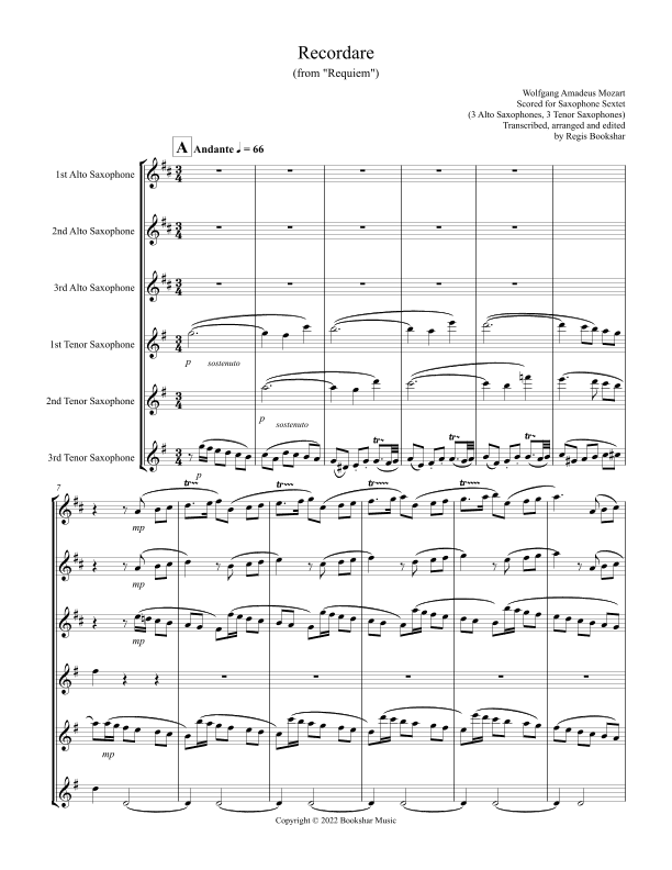 Recordare (from "Requiem") (F) (Saxophone Sextet - 3 Alto, 3 Ten) (arr. Regis Bookshar)