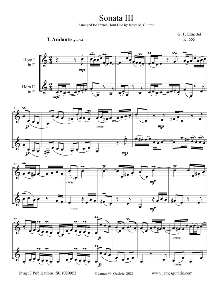 Handel: Sonata No. 3 for French Horn Duo (arr. James M. Guthrie)