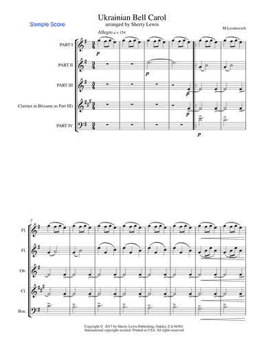 Ukrainian Bell Carol - Carol of the Bells- WOODWIND QUARTET (arr. Sherry Lewis Publishing)