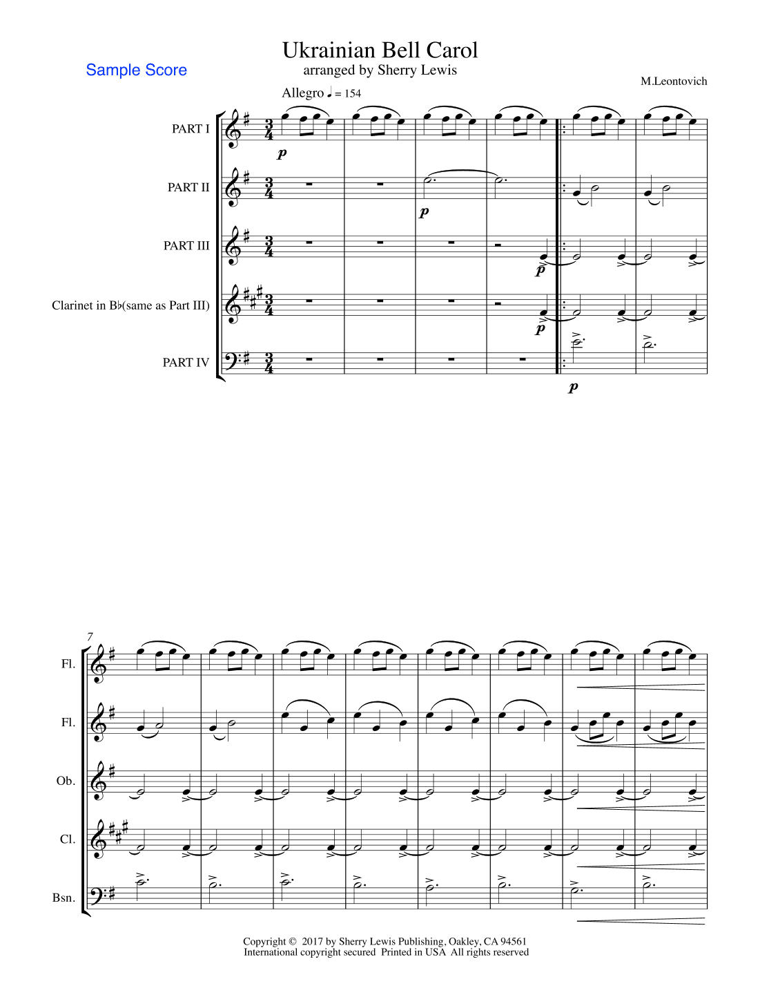 Ukrainian Bell Carol - Carol of the Bells- WOODWIND QUARTET (arr. Sherry Lewis Publishing)