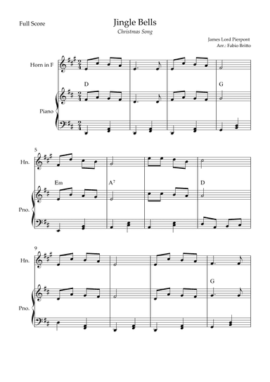 Jingle Bells (Christmas Song) for Horn in F Solo and Piano Accompaniment with Chords (arr. Fabio Britto)