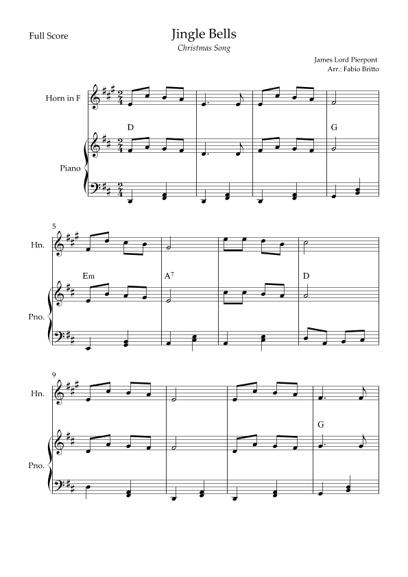 Jingle Bells (Christmas Song) for Horn in F Solo and Piano Accompaniment with Chords (arr. Fabio Britto)