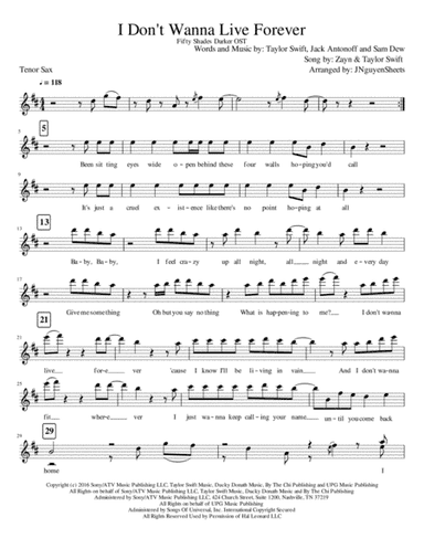 I Don't Wanna Live Forever (Fifty Shades Darker)  from FIFTY SHADES DARKER (arr. JNguyenSheets)