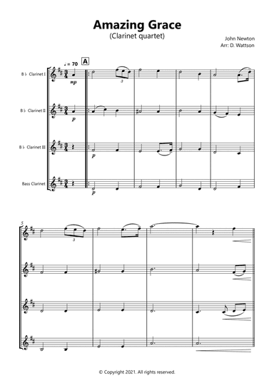 Amazing Grace for clarinet quartet (arr. Douglas Wattson)