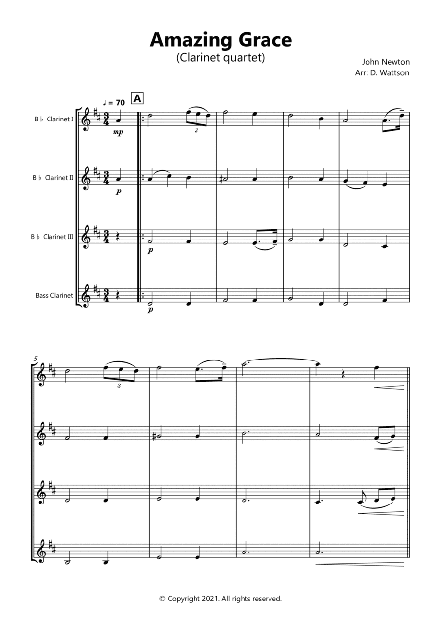 Amazing Grace for clarinet quartet (arr. Douglas Wattson)