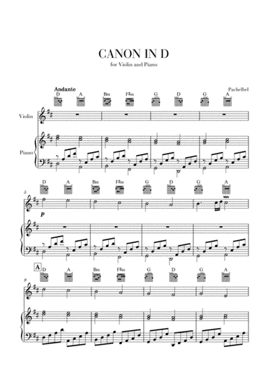 Canon in D for Violin and Piano with Guitar Chords (arr. Cadenza Editions)